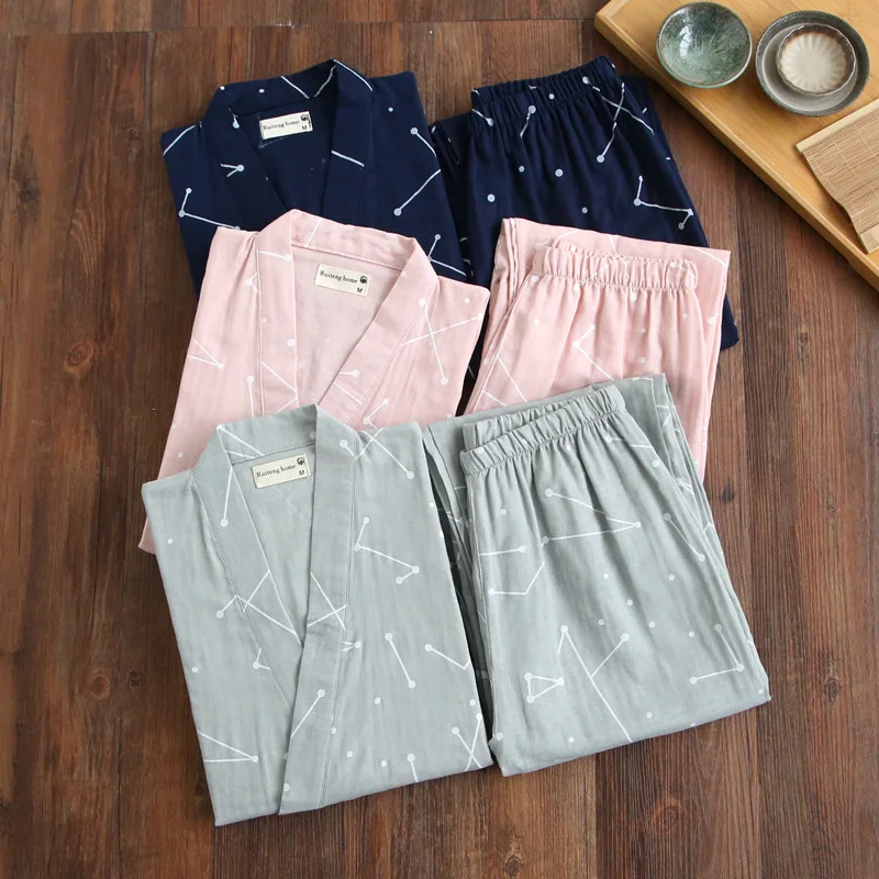 Summer Men's and Women's 100% Cotton Gauze Pajamas Sets Retro V-neck Pijama Kimono Suit Couple Sleepwear Nightly Home Clothing
