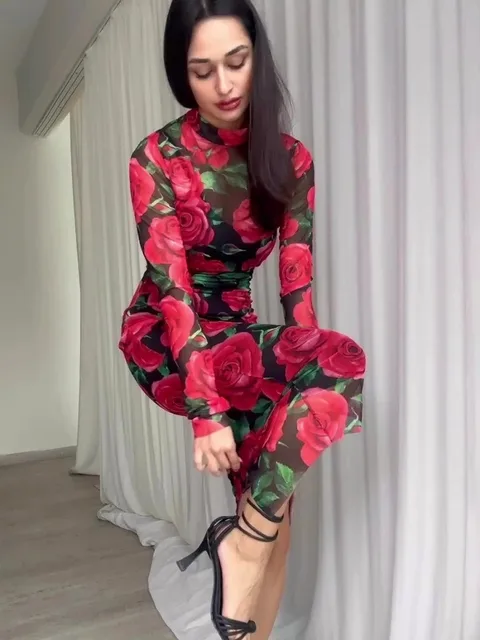 Springtime Elegance in Bloom: ZHUOLIN's Red Flowers Printed Dress