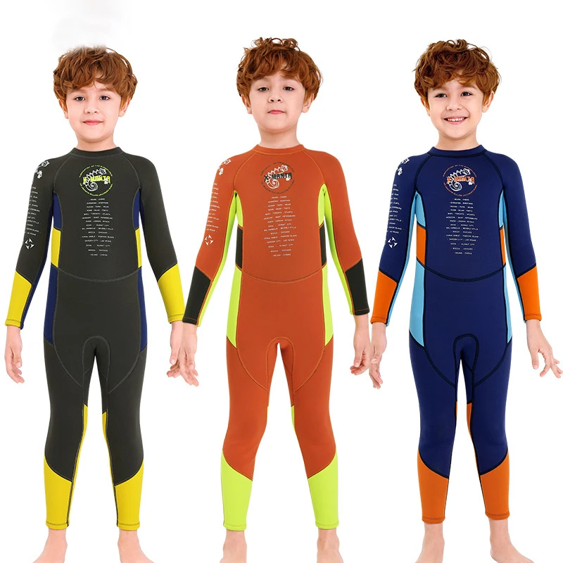 

2.5MM Warm Boy Wetsuit Long Sleeve Children Swimwear Beach Letters Kids Swimsuit Outdoor Neoprene Swimming Baby Diving Clothes