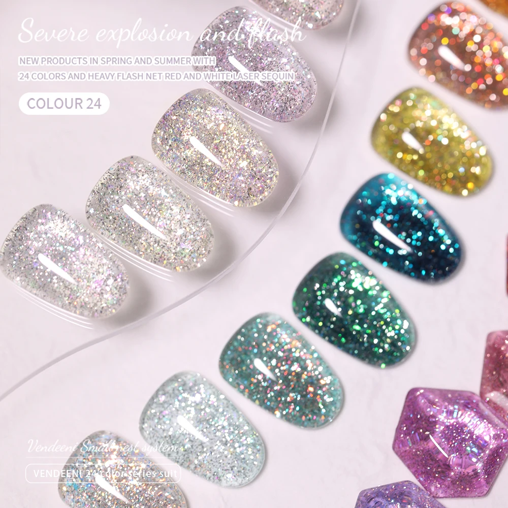 Vendeeni 24 Kleuren Hoge Dichtheid Glitter Nagelgellak Explosieve Flash Nail Art Gel Lak Mousserende Uv Doorweekt Gellak