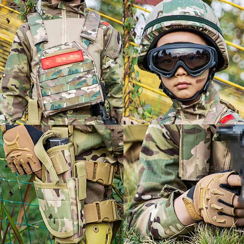 

Children Camouflage Suit Tactical Combat Uniform Kids Outdoor Training Vest Gloves Knee Pads Goggles Hat