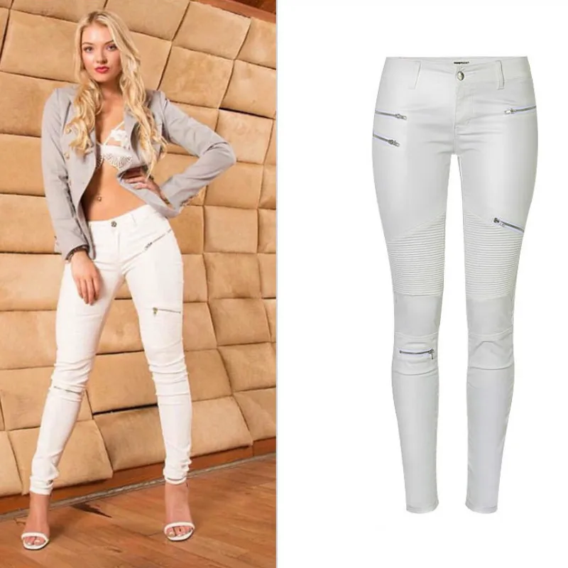 

Black Coffee Rock Punk Party White Pants Autumn PU Leather Coated Denim Pants for Women Sexy Tight Stretchy Rider Leggings