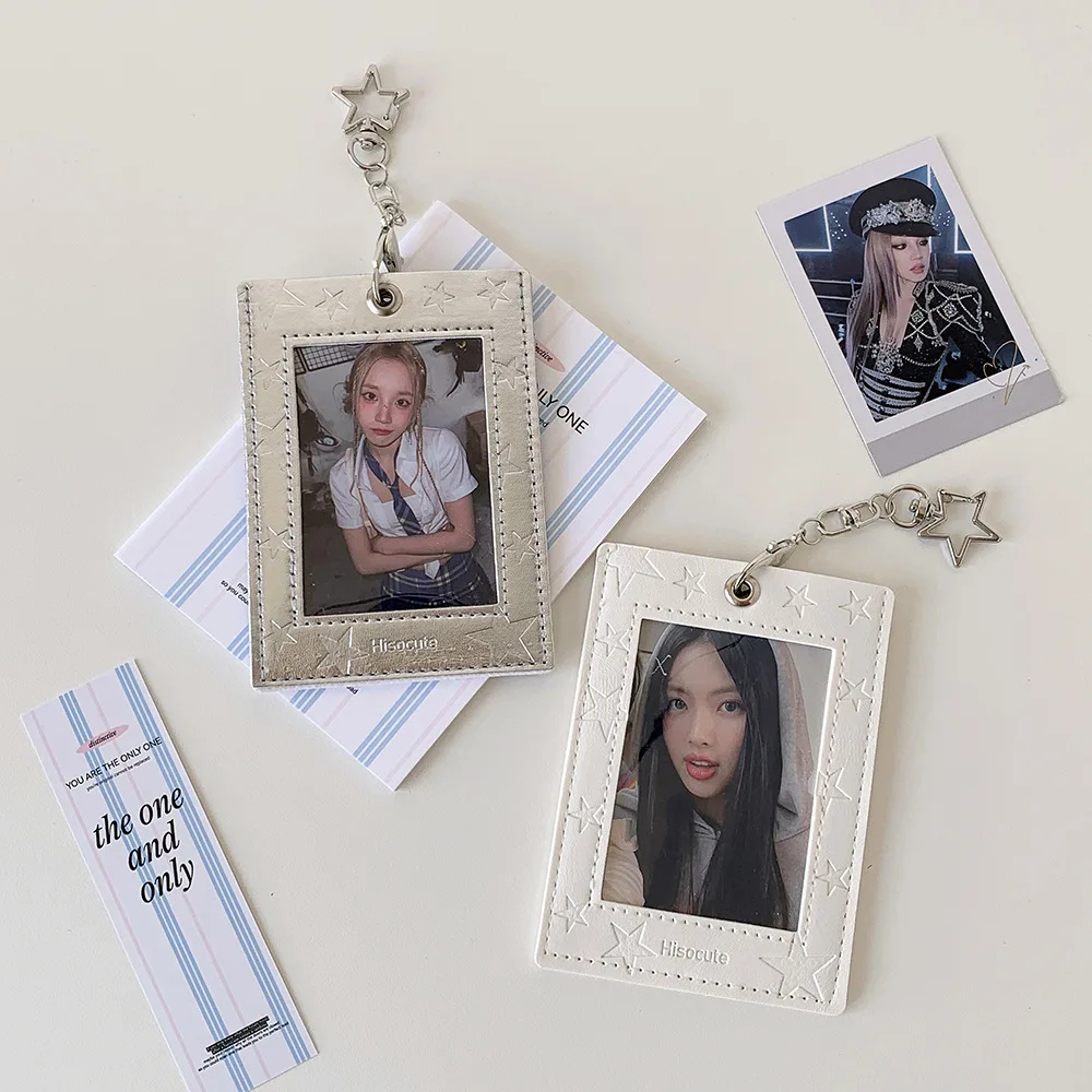 PU Leather Silver Color Bowknot Star Photo Card Holder Pockets For Mini Photo Sticker Name Card 3 Inch Photos With Key Chain