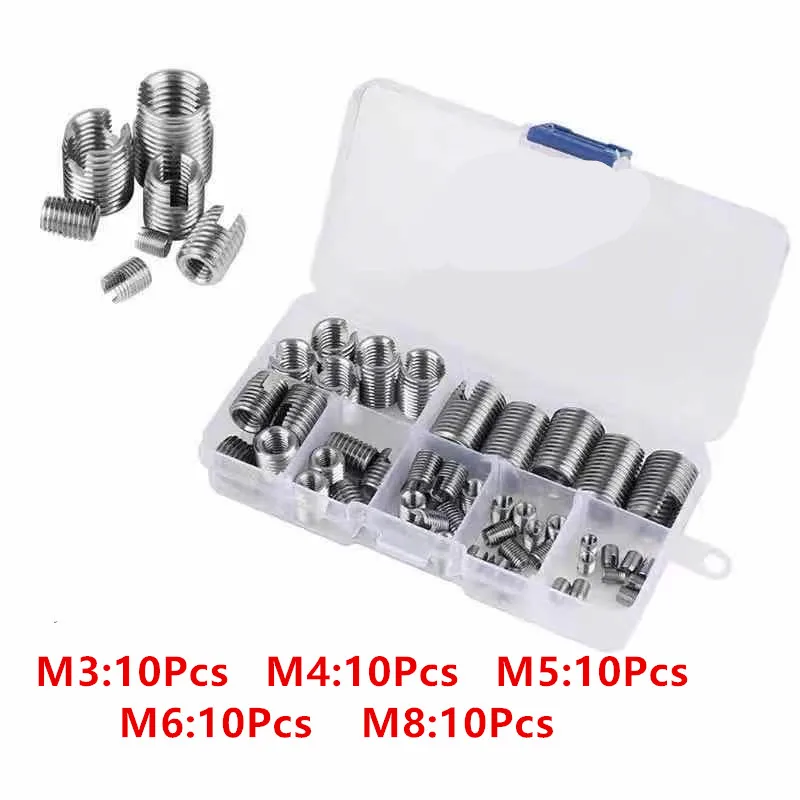 Aço Carbono Inoxidável Auto Rosqueamento Rosca Entalhadas Inserções Conjunto Metal Rosqueado Reparação Inserção Kit 50 Peças m3 m4 m5 m6 m8 de