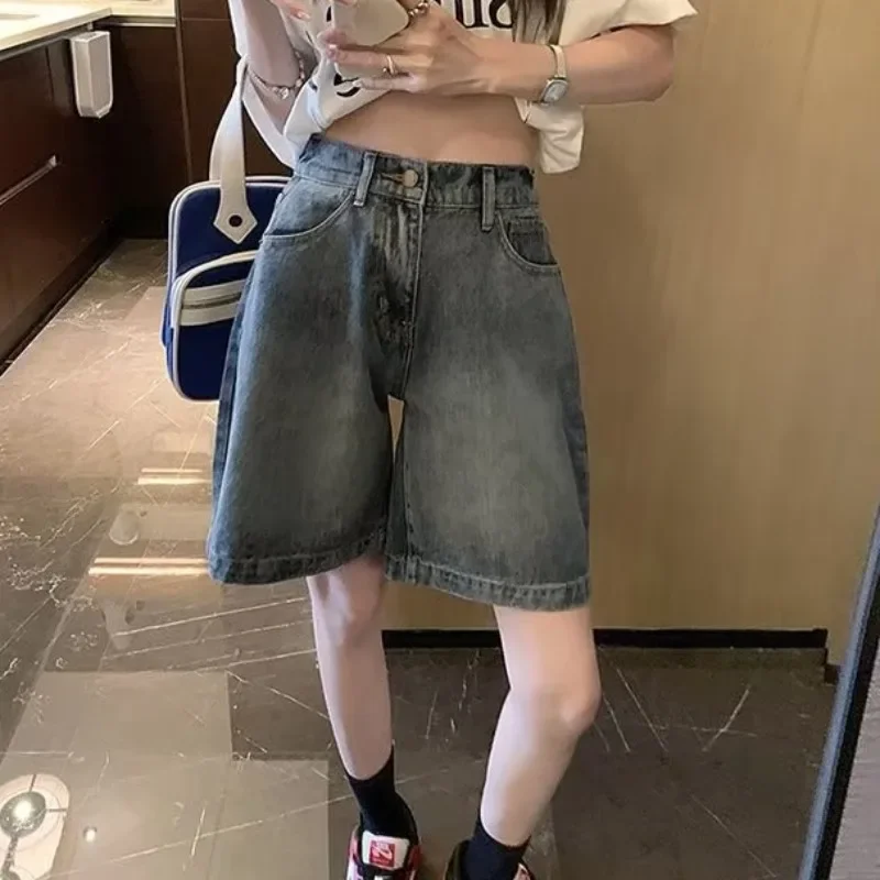 Shorts Women Solid Vintage Minimalist Style All-match Korean Fashion High Waist Temper Classy Loose Fit Denim Summer Chic Basic