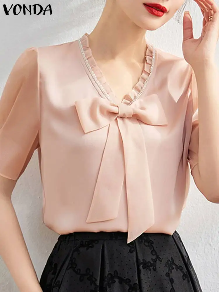 

Женские Элегантные блузки с бантом VONDA, летние рубашки с коротким рукавом, однотонная туника, топы 2024, модные повседневные блузки с V-образным вырезом, топ с оборками