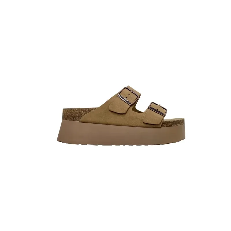 2024 Summer Women's Thick Sole Genuine Leather Buckle Slides Birken Style Beach Outdoor Wear Slipper Casual Walking Shoes
