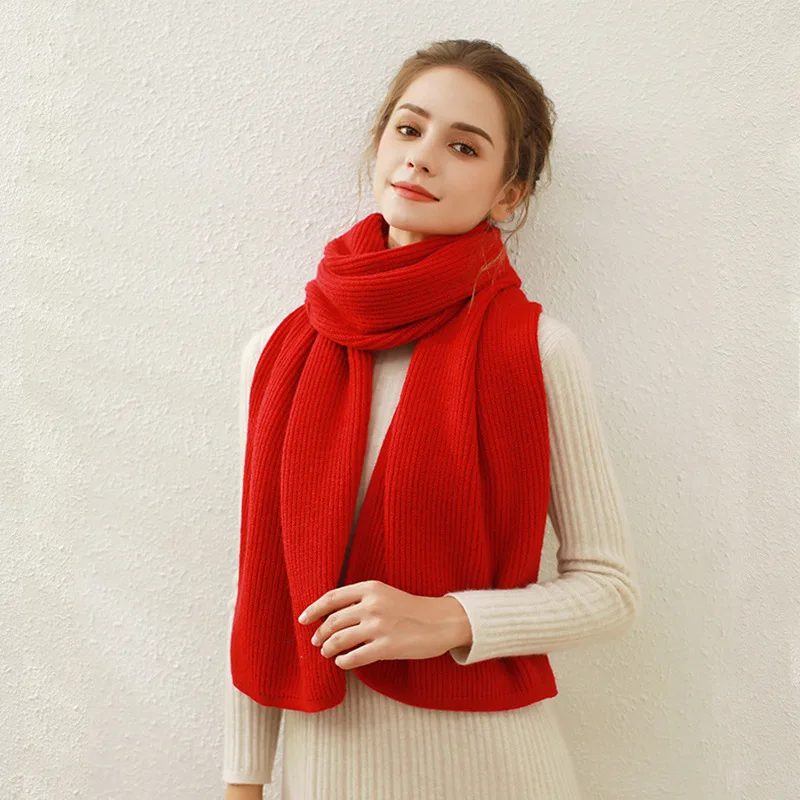 Cashmere Scarves Long Red Scarf Womens Pure Color Rib Knit Scarf