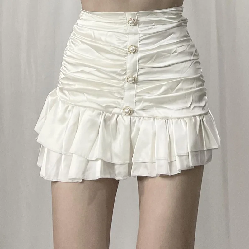 Summer New High Waist Folds Thin Bag Hip Mini Skirts for Women 2021 Fashion Satin Sexy Temperament Pearl Buckle Lotus Leaf Skirt fashion women big pearl braided belt candy color ultra thin waist chain dress hemp rope y2k style belts for women