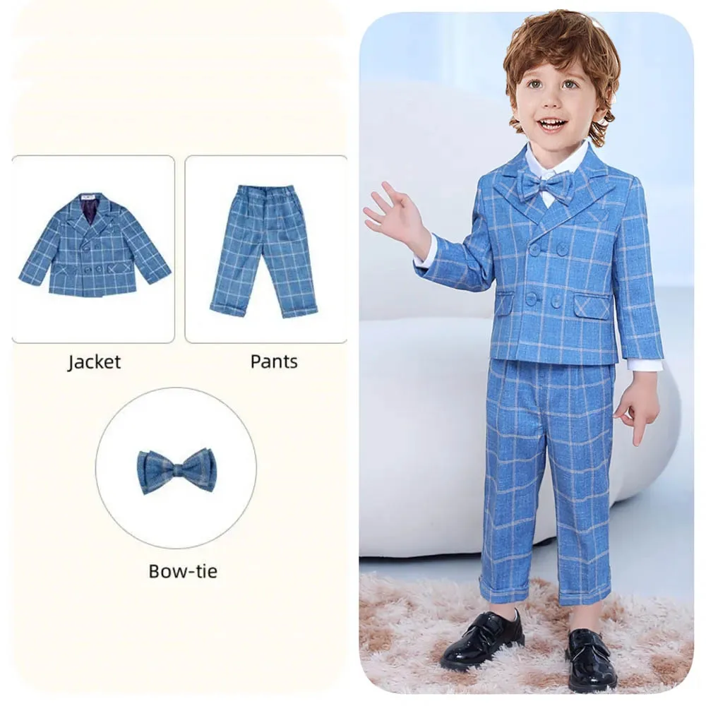 

Boys Blue Party Jacket Pants Bowtie 3PS Photograph Suit Kids 1Year Birthday Dress Children Wedding Piano Performance Evening Set