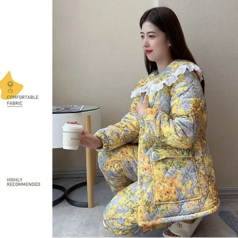 2024 New Women's Thickened Plush Sleepwear Coral Velvet Winter Loungewear Three-layer Cotton Sandwich Flannel Warm Homewear Set