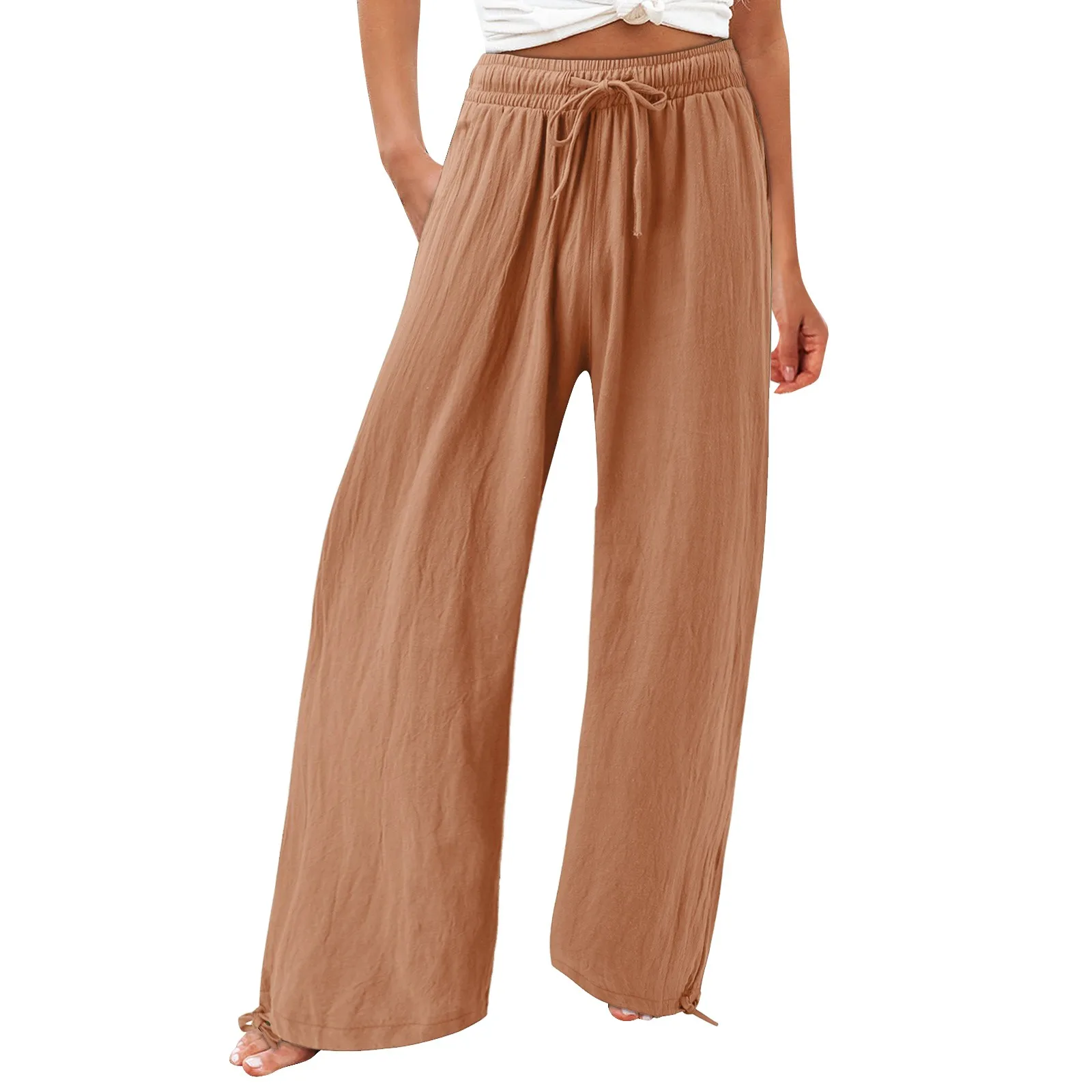 

Summer Women's 9-pant Casual Loose Trousers High Waist Cotton Linen Breathable Pants Wide Leg Long Pants With Pockets