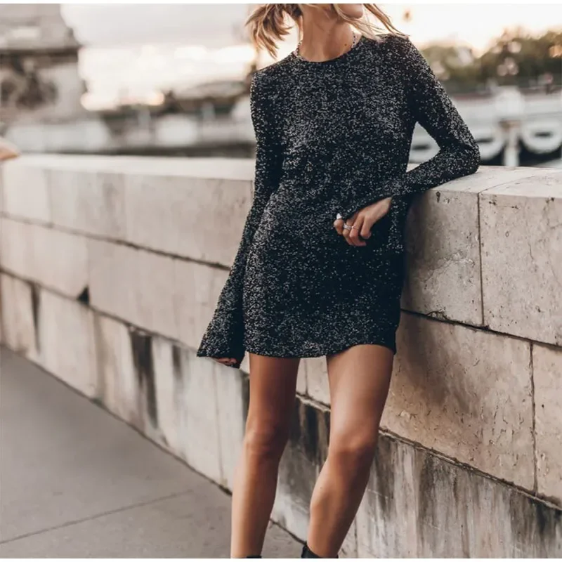Fashion Sequin Backless Mini Dress For Women Shiny Slim Luxury Elegant Party Dress Evening Partywear Glitter Ladies Dress