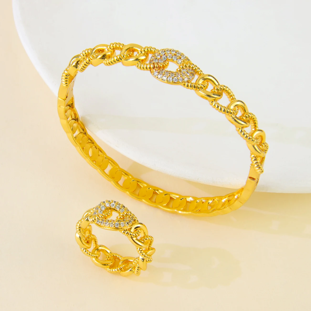 موضة دبي سوار مطلي بالذهب خاتم مجموعة 21k الذهب ال...