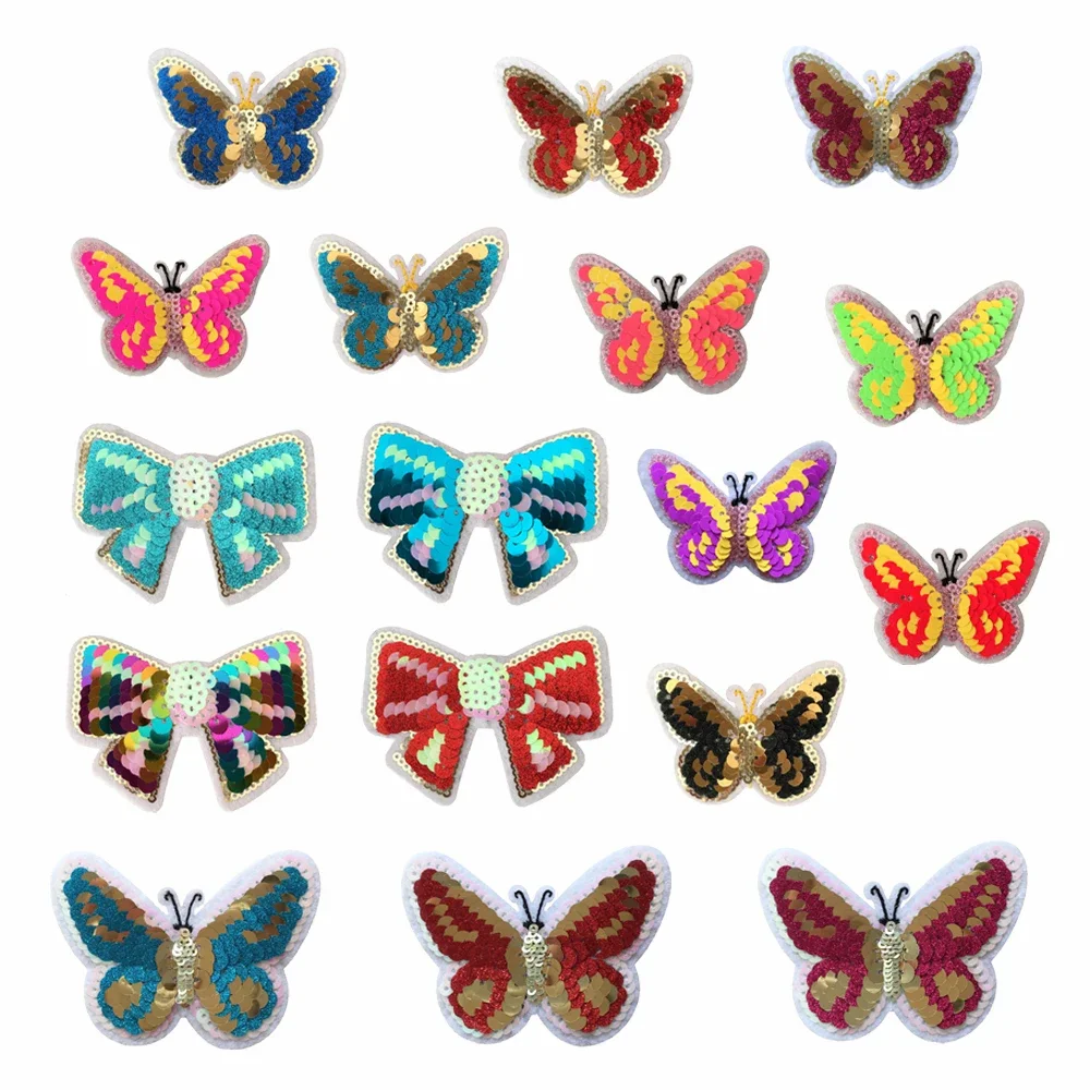 

Оптовая продажа, 100 штук, блестящая вышивка в виде бабочки, термоплавкий клей для глажки, Блестящая декоративная нашивка для одежды с отверстием