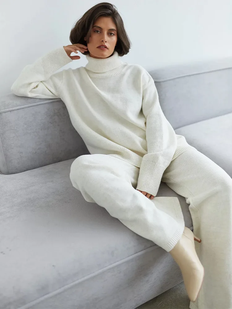 

CNACNOO Women's Warm Turtleneck Knitted Two-Piece Sets, Loose Wide Legs Pants Cashmere Pullovers,Autumn Winter Ladies Outfits