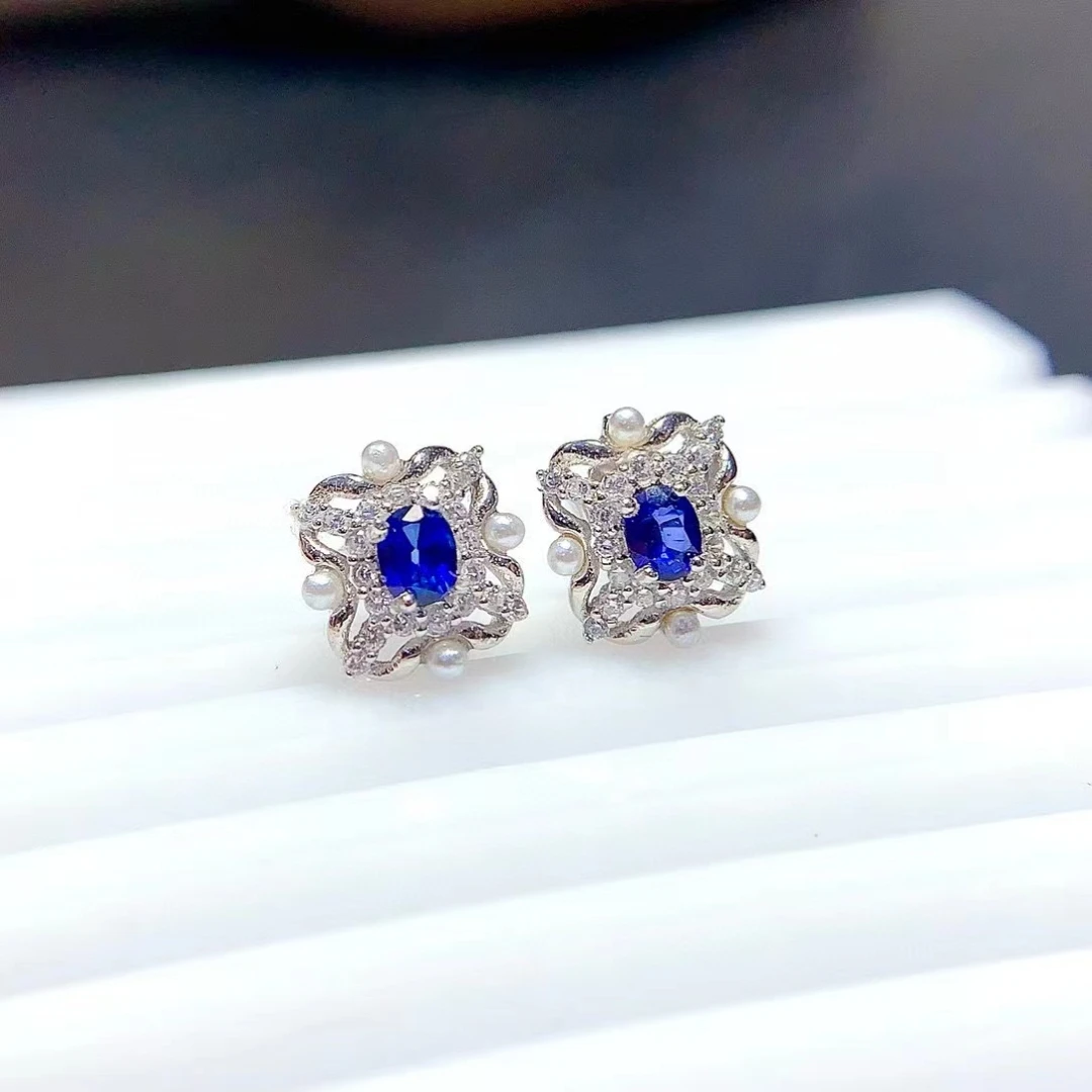 

Royal Blue Sapphire Stud Earrings 3mm*4mm Total 0.3ct Natural Sapphire Earrings 925 Silver Gemstone Jewelry with Gold Plated