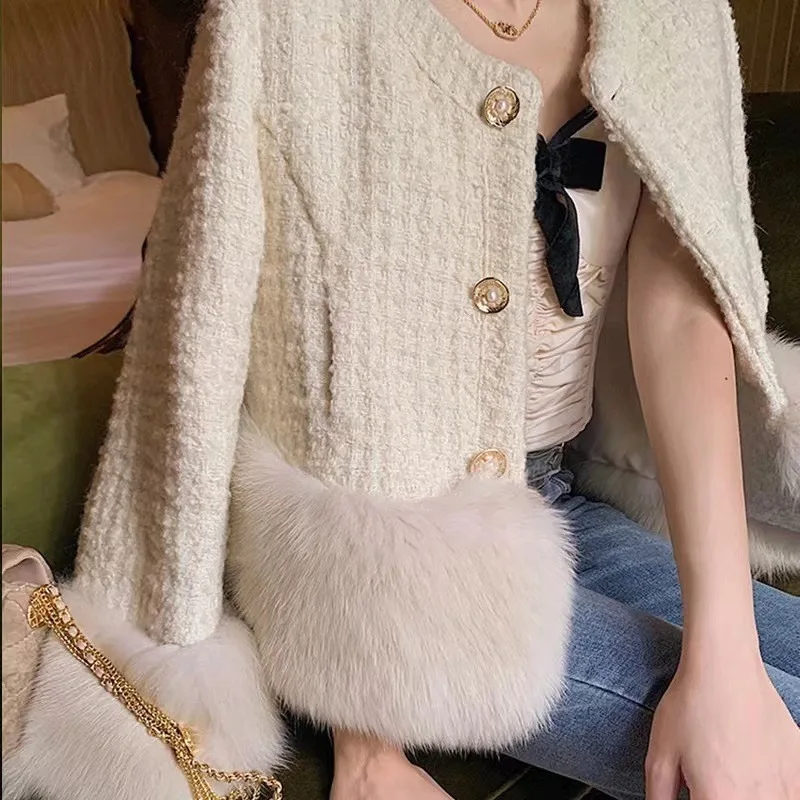 French Style White Faux Fox Fur Single-Breasted Fur Short Coats Women's Autumn 2023 New Light Luxury Woolen Short Jacket Outwear