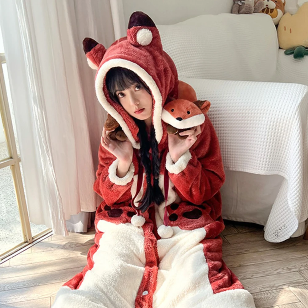 Winter Thick Warm Women Nightdress Coral Fleece Cartoon Sleepwear Long Sleeves Flannel Nightgown Bathrobes Hooded Plush Homewear