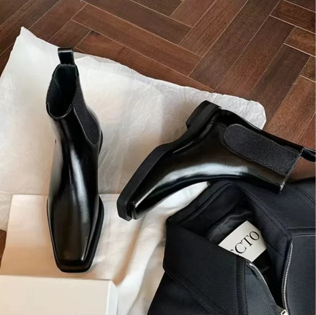 Herbst/Winter Neue Britischen Stil Square Headed Slim, Heels, Dicke Sohle, Echtes Leder Kurze Stiefel für_voghion.com