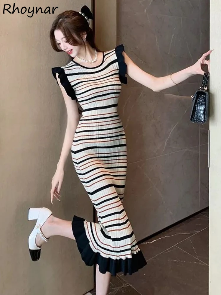 

Chic Striped Spliced Ruched Mermaid Dresses Women Fashion Slim Leisure Knitted Midi Fishtail Frock Ladies Elegant Sleeveless Ins