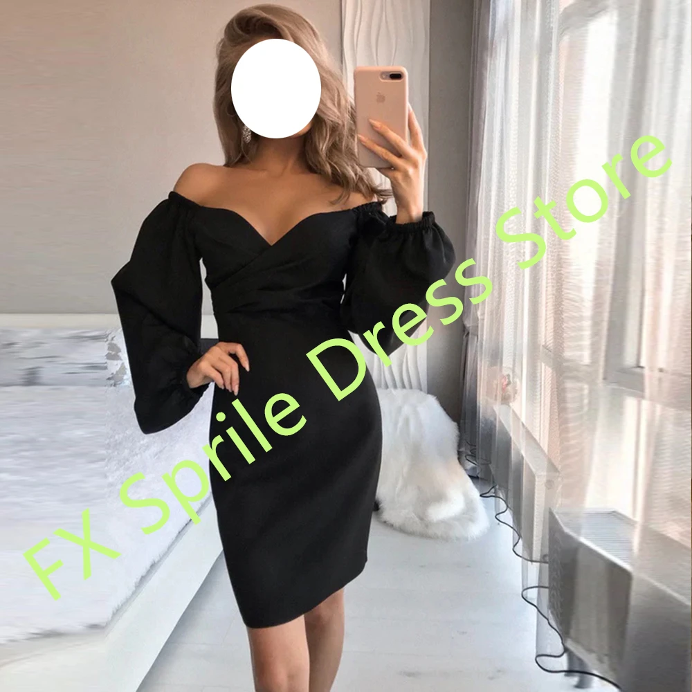 Customized Black V-Neck Straight Long Sleeves Cocktail Dress Sexy Above Knee Length Jersey Made for Woman Vestido