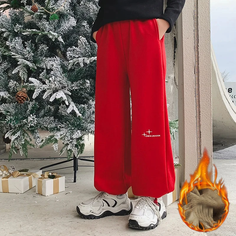 

Зимние штаны для девочек, флисовые плотные теплые красные новогодние брюки для детей, рождественские спортивные штаны, свободные широкие штаны для подростков