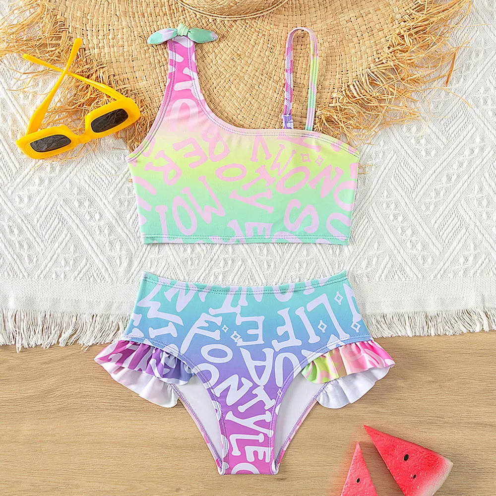 

5-14Years Girl Swimsuit Kids Ombre Letter Print Bikini Ruffle Oblique Shoulder Two PIece Children's Swimwear Summer Bathing Suit