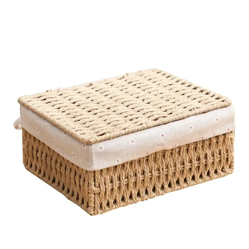 Handwoven Storage Box Rattan Storage Baskets with Lid Wicker Desktop Sundries Cosmetics Organizer Clothes Snack Toys Storage Box 4