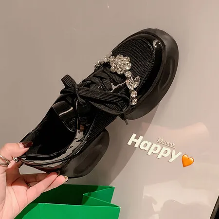 British Style Fashionable Rhinestone Loafers, Black Versatile Thick Soles, Thick Heels, Lace Up, One Foot Casual Single Shoes
