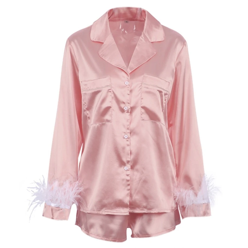 Women Elegant Solid Color Pajamas Set Lapel Tops Cuff Sexy Lingerie