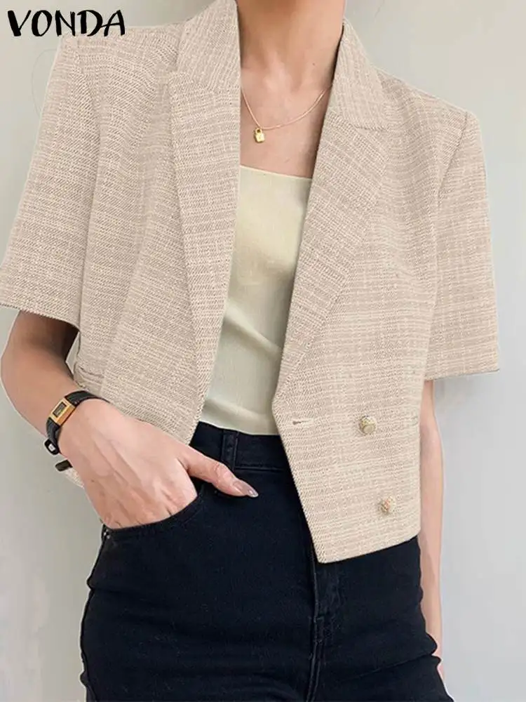 

Elegant Office Blazer 2023 VONDA Women Fashion Lapel Solid Color Loose Blazer Summer Short Sleeve Suits Double-breaste Outwear