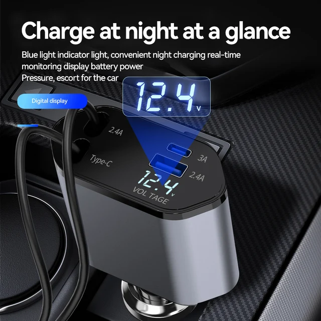 New Arrival 100w 4 IN 1 Retractable Car Charger USB Type C Cable For IPhone Samsung Fast Charge Cord Cigarette Lighter Adapter 5