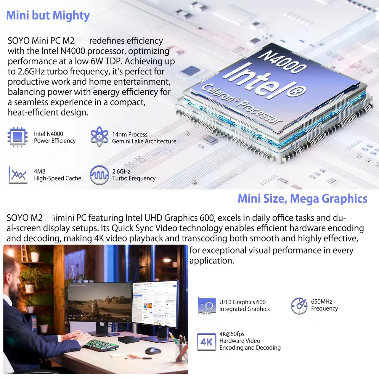 SOYO M2 Mini PC: Powerful 6GB RAM, 64GB EMMC, Intel N4000, Windows 11 - Compact & Ideal for Home, Business & Gaming 3