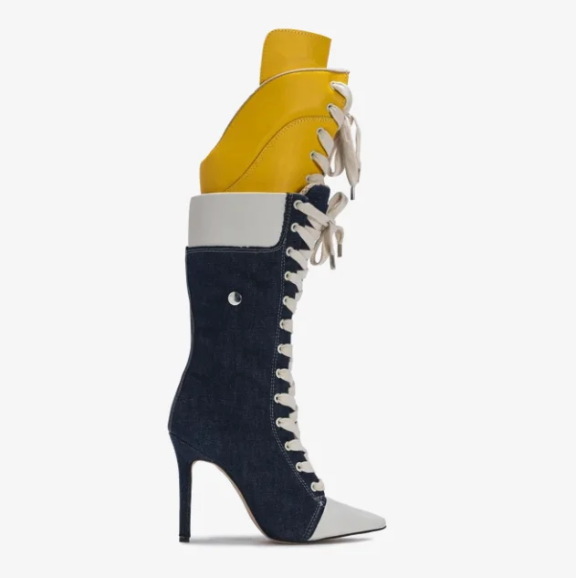 Women's red lace up canvas high boots pointy toe high heels plus size 46 47 denim luxury designer paerty good quality shoes