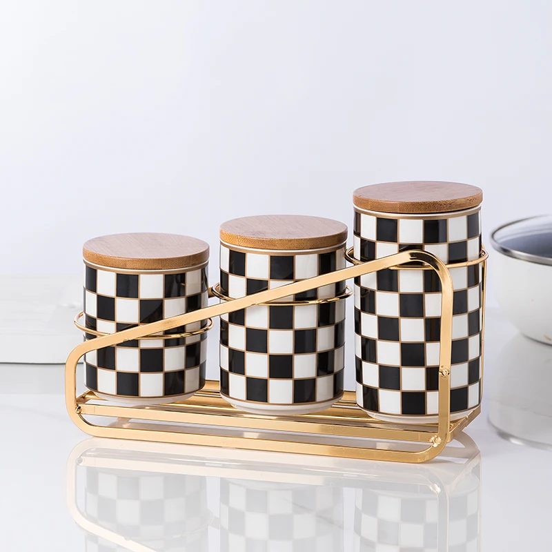 

Checkerboard Sealed Jar Grain Storage Tank Kitchen Storage Container Ceramic Jar with Lid Tea Coffee Sugar Storage Jars