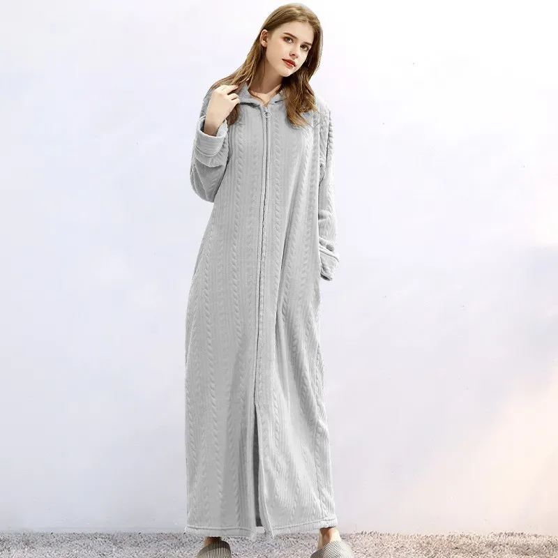 Winter Plus Size Hooded Zipper Long Warm Coral Fleece Bathrobe Women Thermal Flannel Bath Robe Shell Dressing Gown Sleepwear