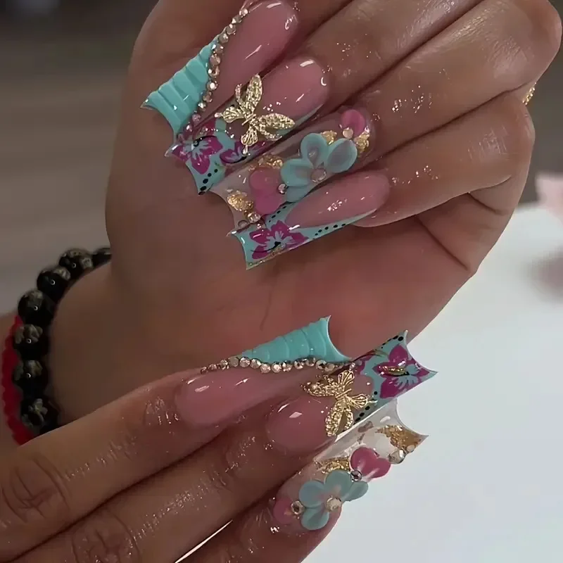 24Pcs Brown Long Coffin False Nails Glitter Ballet Wearable with French Design Fake nails Full Press on Nail Ins Nail Tips Art