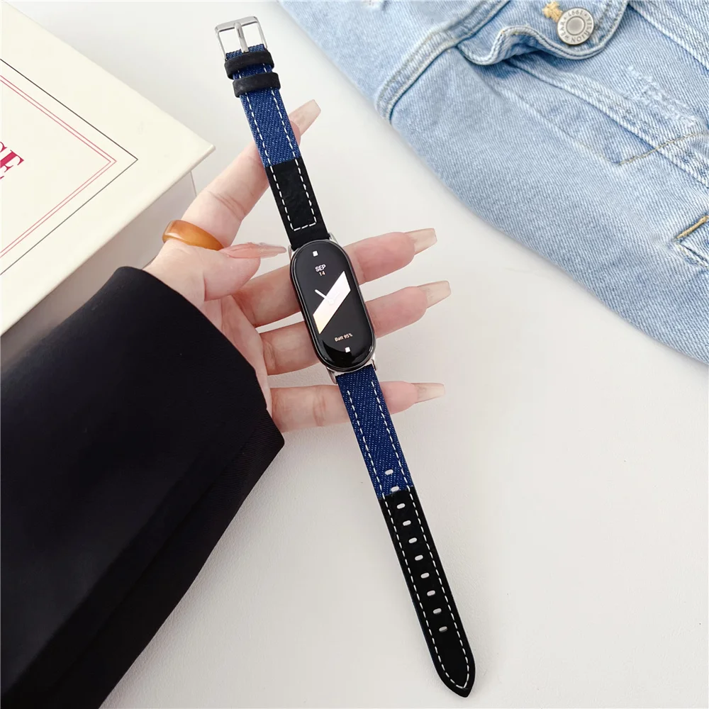 데님 캔버스 및 가죽 스트랩, 미 밴드 8 7 6 5 시계 벨트, 미 밴드 팔찌 청바지 비즈