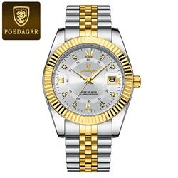 Luxury Men's Stainless Steel Quartz Sport Watch - Waterproof and Luminous with Date Display (910 Gold White)