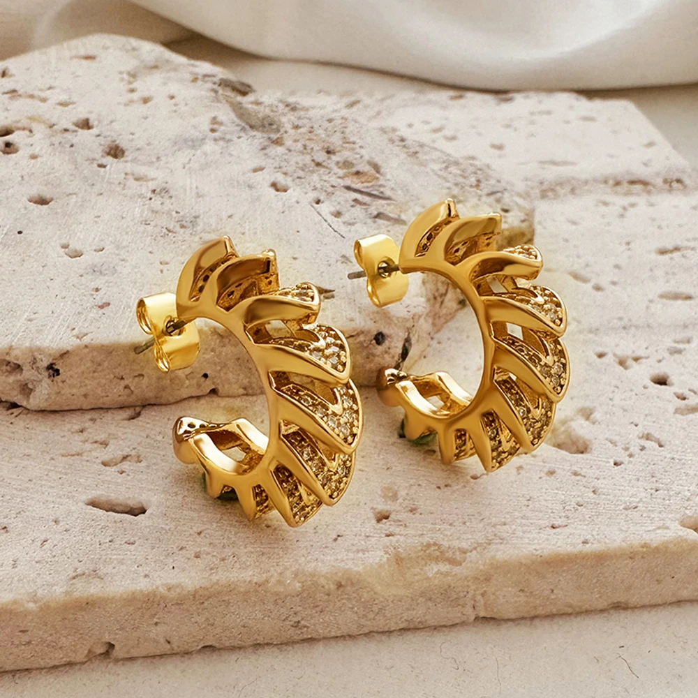 Trend Statement Stainless Steel Zircon CC Geometric Hollow Unusual Hoop Earrings Prevent Allergy Gold Plated Texture Jewelry New