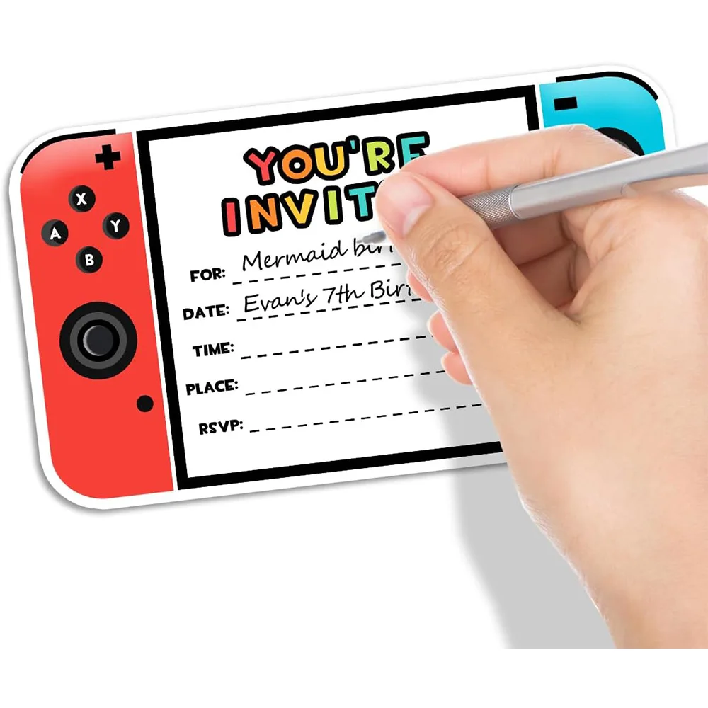 12 Inviti Per Feste A Tema Videogiochi Con Buste - 13,5x13,5 Cm - Design Controller E 'Time To Party' - Compleanno Ragazzi - 3