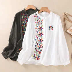 Embroidery Women's Shirts Cotton Linen Vintage Blouses Summer 2023 New O-neck Floral Clothing Loose Fit Long Sleeves Tops