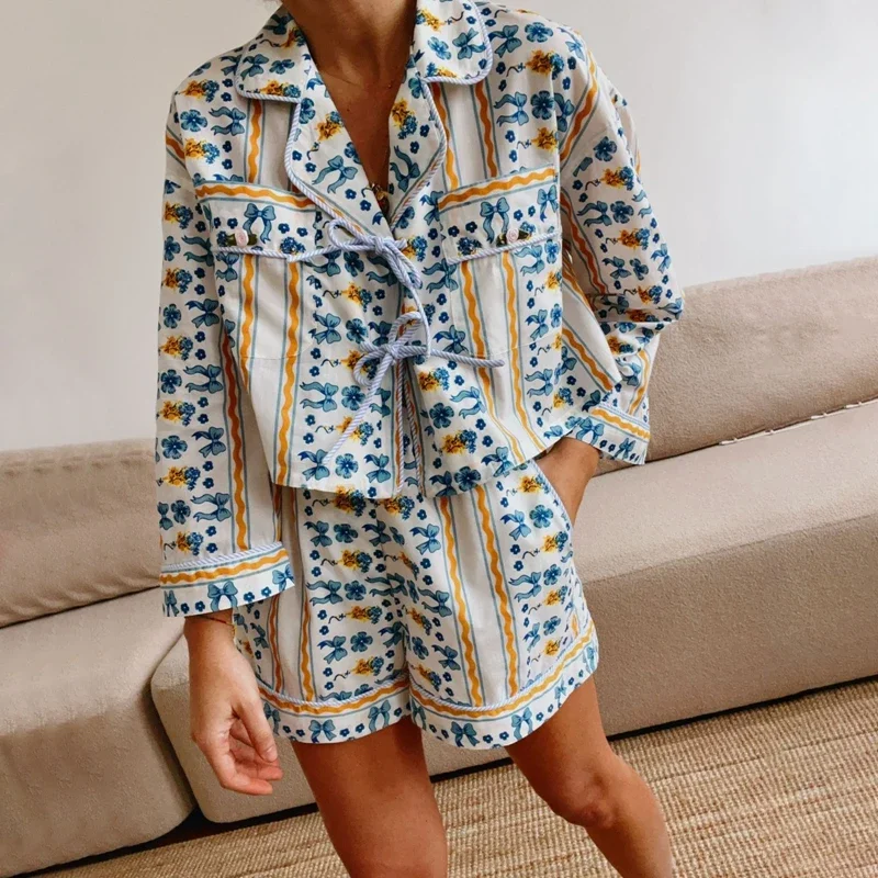 New 2 Vintage Garments Independent Graphic Print Front Tie Bow Full Sleeve Shirt T-shirt + Shorts Fairy Cottage Y2K Street Wear