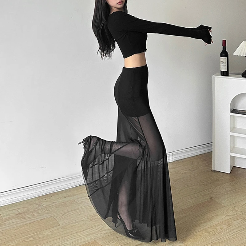 Elegant Skirt Women y2k Clothes See Through High Waist Fishtail Hem Mesh Bodycon Skirt 2000s Party Skirts Streetwear