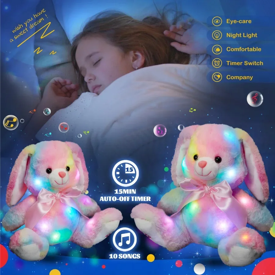 Luminous Cotton Bunny Plush Toys plush toy Throw Cute Pillow LED Lights Music Rainbow Stuffed Animals Easter Rabbit Gift Kids Girls