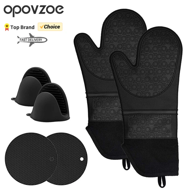 Hot Pads Extra Long Black Silicone Oven Mitts And Pot Holders Sets