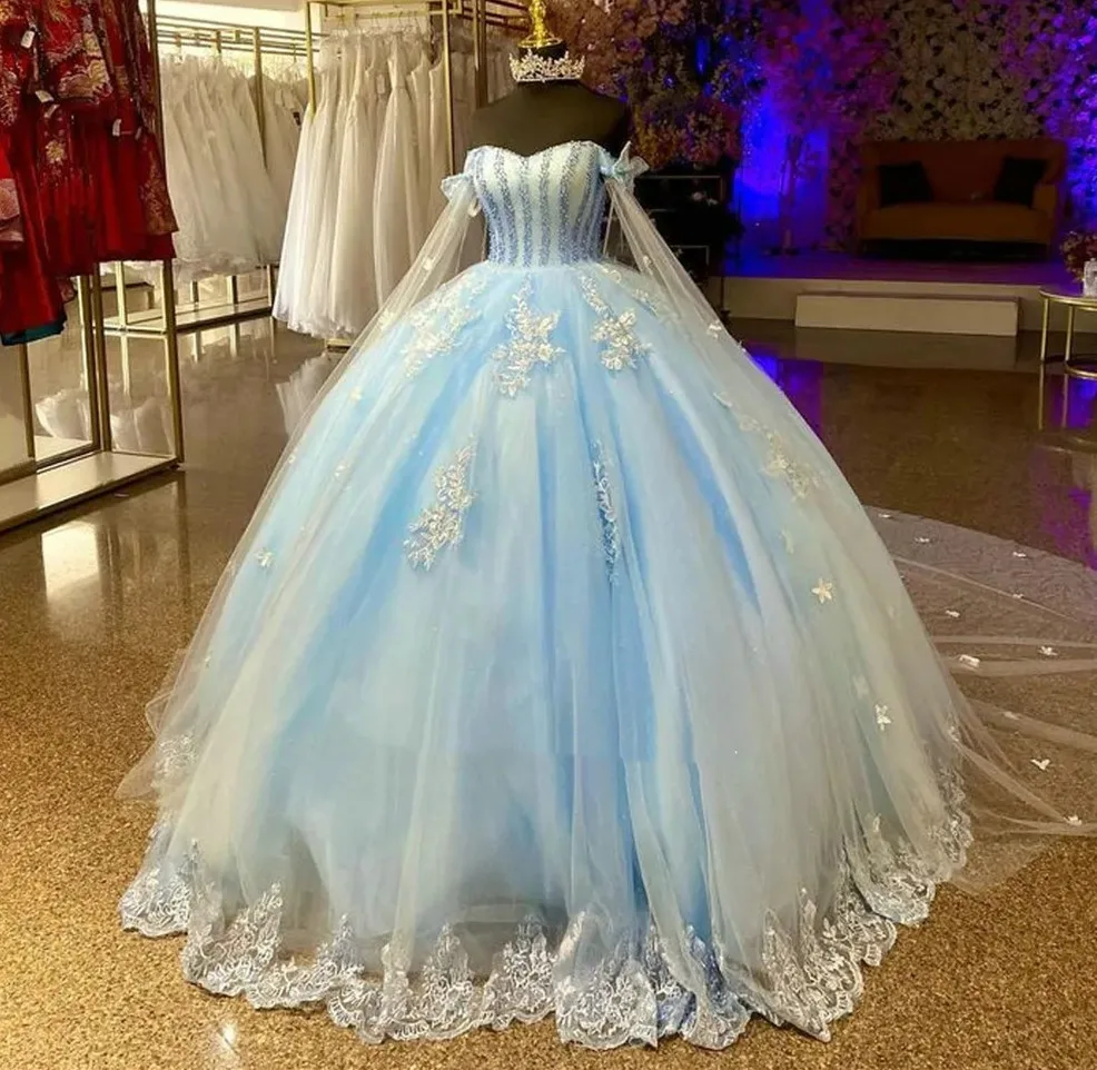 

Sky Blue Sweet Princess Quinceanera Dresses Pearls Lace Cape Girl Formal Birthday Prom Gowns vestidos de 15 quinceañera 2023