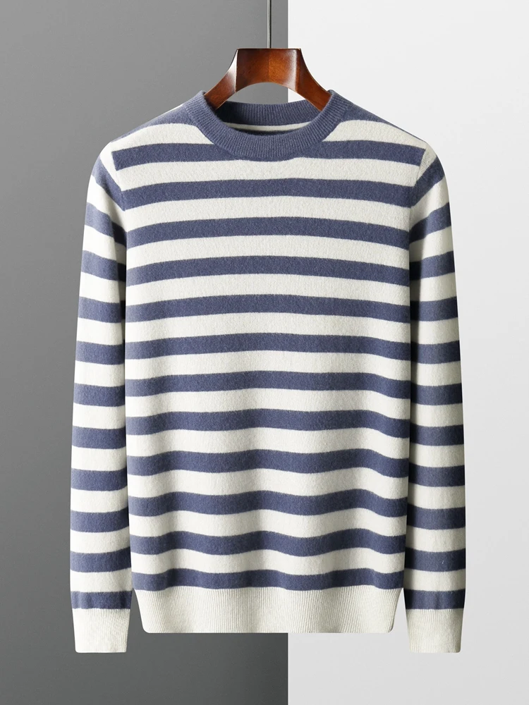 

New Spring Autumn 100% Merino Wool Knitwear Men's Sweater Pullover O-neck Striped Cashmere Soft Casual Fashion Male Clothes Tops