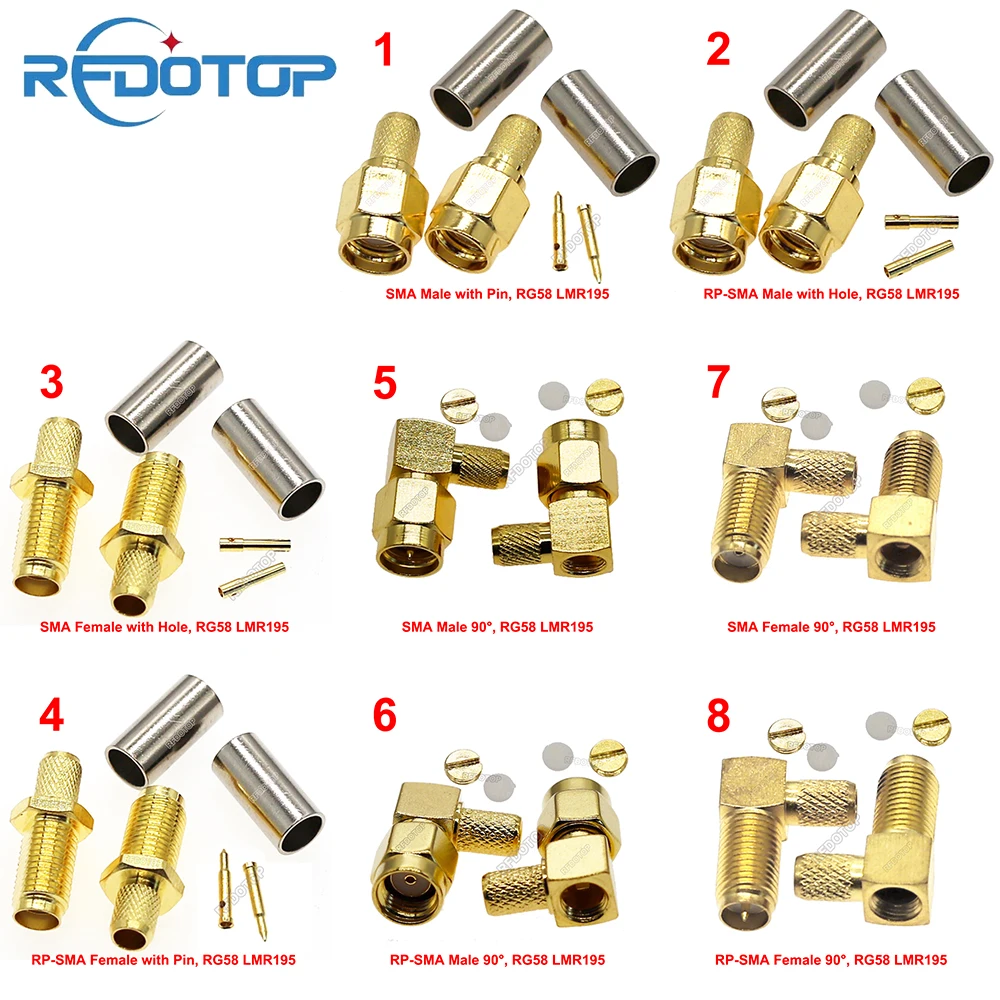 ขั้วต่อ SMA แบบ Crimp สำหรับสายโคแอกเชียล RG58 LM195 ชุบทอง RPSMA-50JW-3 ขั้วต่อ RF 90 องศา คุณภาพสูง 1